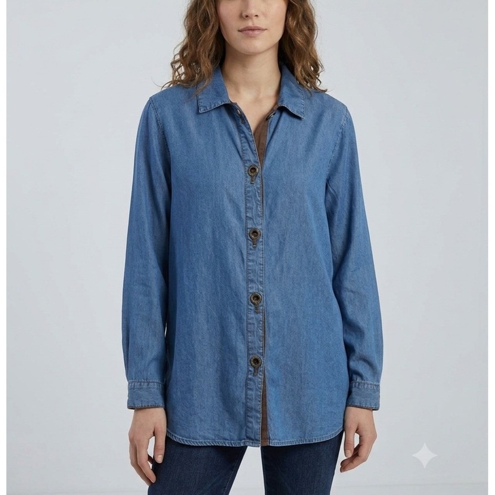 Soft Surroundings Women Blue Tencel Denim Toggle Button Shirt XL Long Sleeve